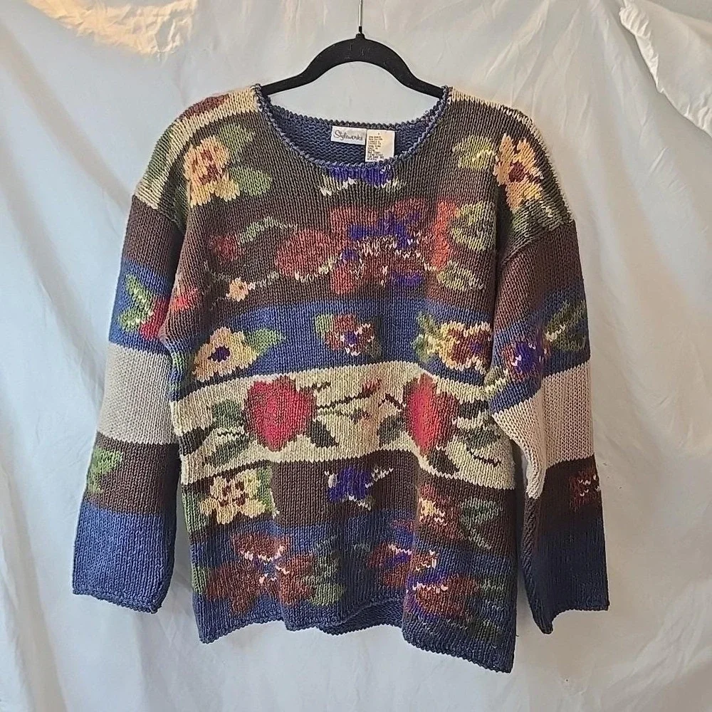 Vintage Styleworks Chunky-knit Fall Autumn Floral Sweater Grandmacore Oversize S